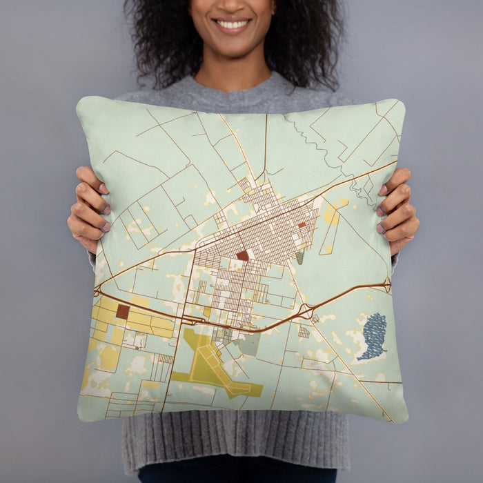 Person holding 18x18 Custom Pecos Texas Map Throw Pillow in Woodblock