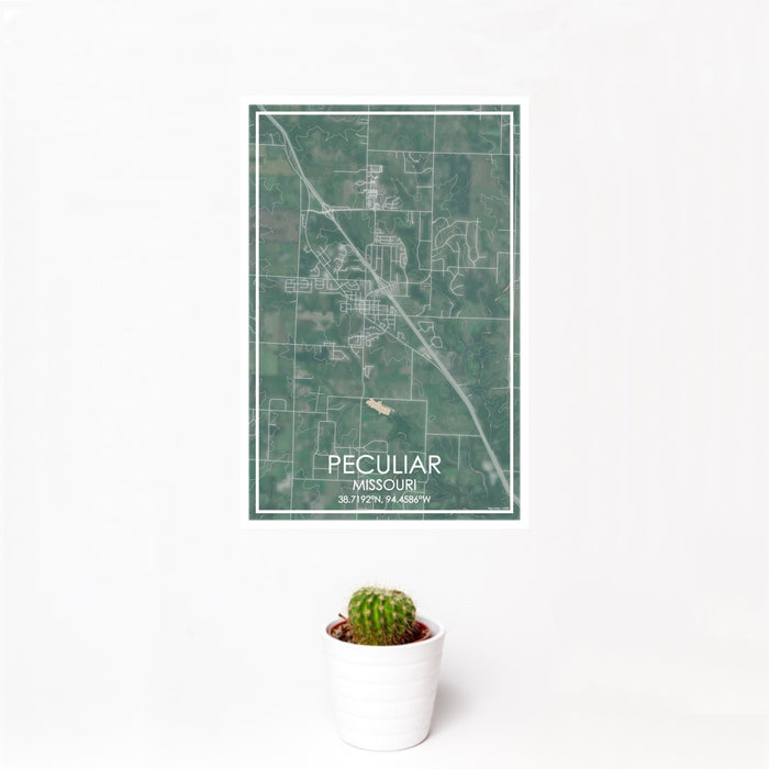 12x18 Peculiar Missouri Map Print Portrait Orientation in Afternoon Style With Small Cactus Plant in White Planter