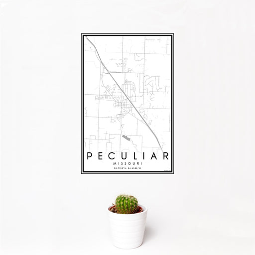 12x18 Peculiar Missouri Map Print Portrait Orientation in Classic Style With Small Cactus Plant in White Planter