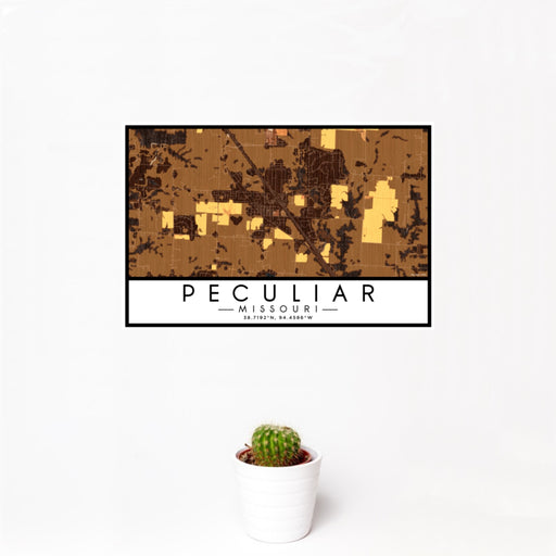 12x18 Peculiar Missouri Map Print Landscape Orientation in Ember Style With Small Cactus Plant in White Planter