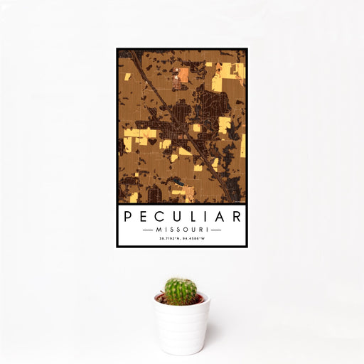 12x18 Peculiar Missouri Map Print Portrait Orientation in Ember Style With Small Cactus Plant in White Planter