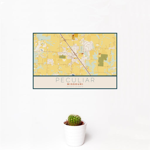 12x18 Peculiar Missouri Map Print Landscape Orientation in Woodblock Style With Small Cactus Plant in White Planter