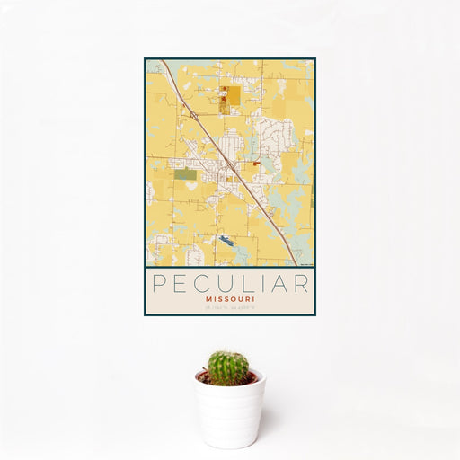 12x18 Peculiar Missouri Map Print Portrait Orientation in Woodblock Style With Small Cactus Plant in White Planter