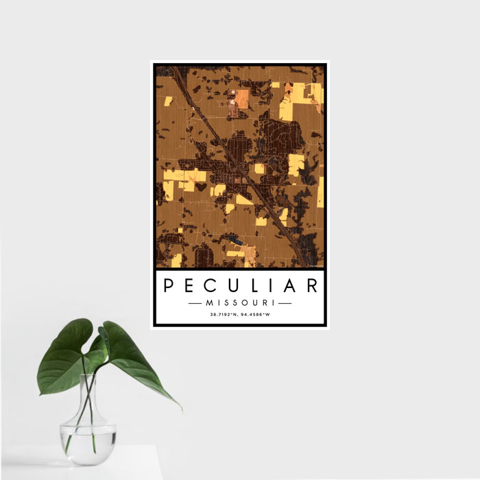 16x24 Peculiar Missouri Map Print Portrait Orientation in Ember Style With Tropical Plant Leaves in Water