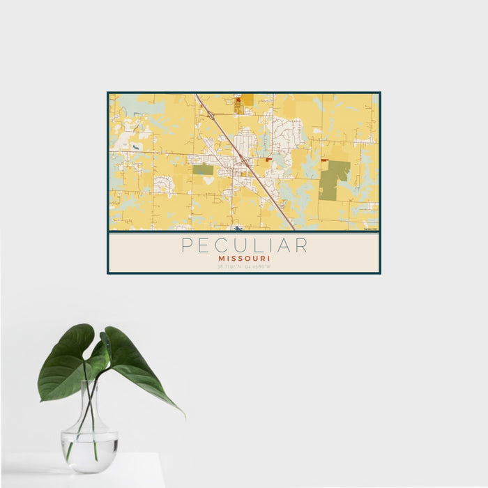 16x24 Peculiar Missouri Map Print Landscape Orientation in Woodblock Style With Tropical Plant Leaves in Water