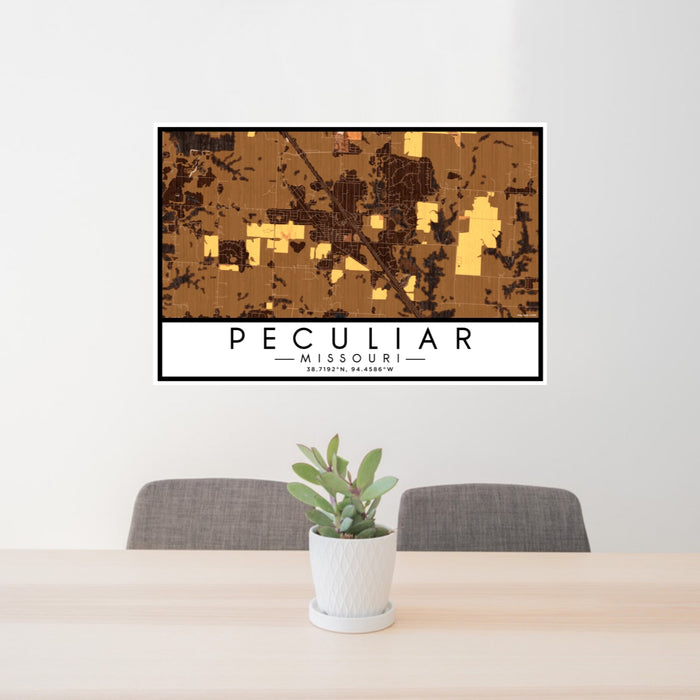 24x36 Peculiar Missouri Map Print Lanscape Orientation in Ember Style Behind 2 Chairs Table and Potted Plant
