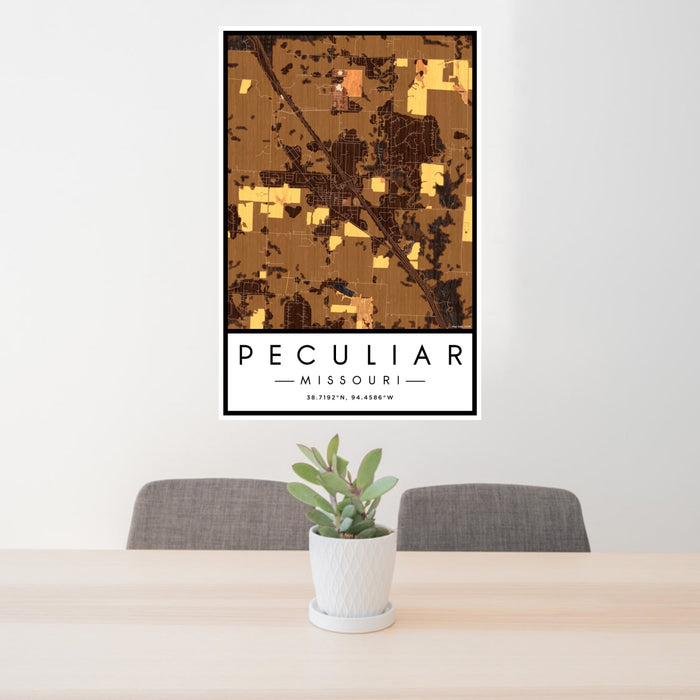 24x36 Peculiar Missouri Map Print Portrait Orientation in Ember Style Behind 2 Chairs Table and Potted Plant