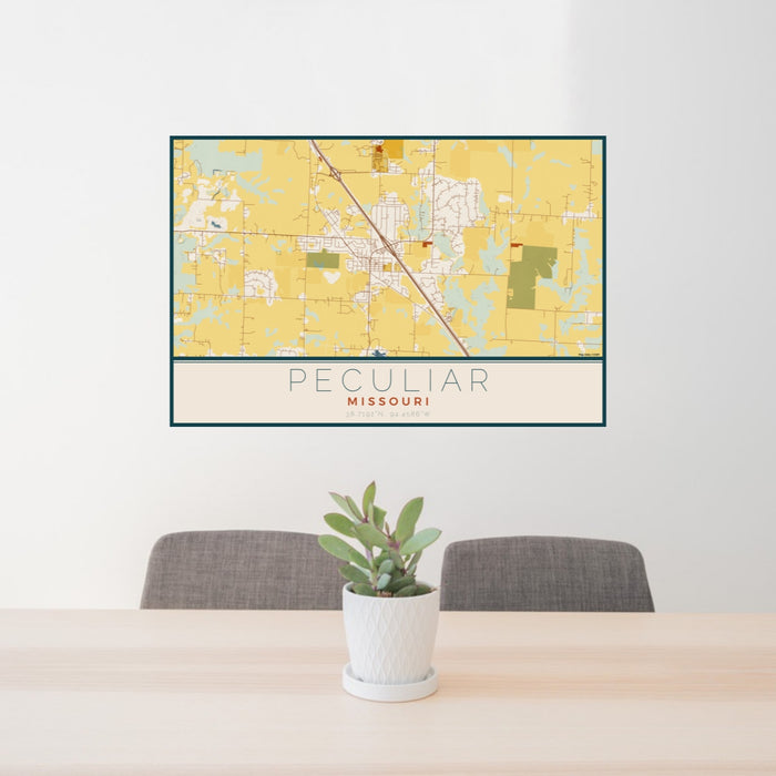 24x36 Peculiar Missouri Map Print Lanscape Orientation in Woodblock Style Behind 2 Chairs Table and Potted Plant