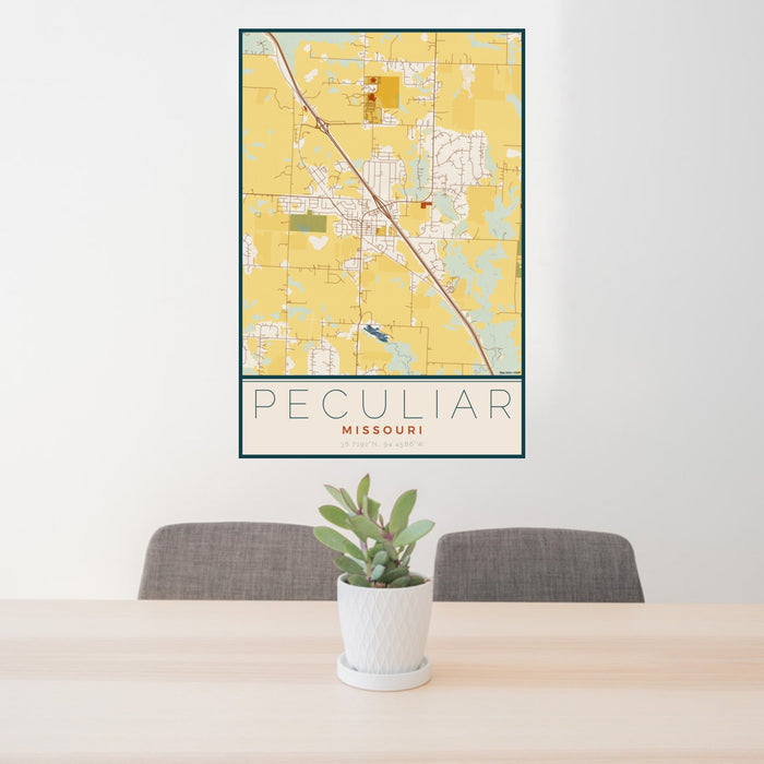 24x36 Peculiar Missouri Map Print Portrait Orientation in Woodblock Style Behind 2 Chairs Table and Potted Plant