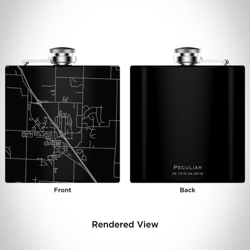 Rendered View of Peculiar Missouri Map Engraving on 6oz Stainless Steel Flask in Black