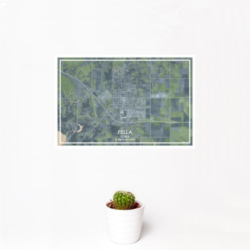 12x18 Pella Iowa Map Print Landscape Orientation in Afternoon Style With Small Cactus Plant in White Planter