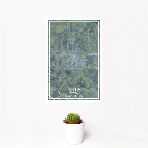 12x18 Pella Iowa Map Print Portrait Orientation in Afternoon Style With Small Cactus Plant in White Planter