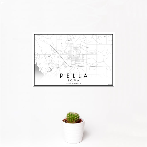 12x18 Pella Iowa Map Print Landscape Orientation in Classic Style With Small Cactus Plant in White Planter