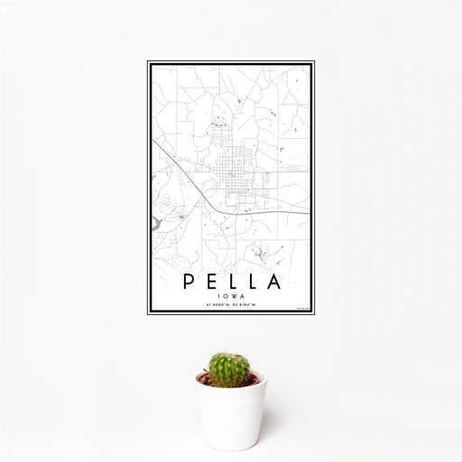 12x18 Pella Iowa Map Print Portrait Orientation in Classic Style With Small Cactus Plant in White Planter