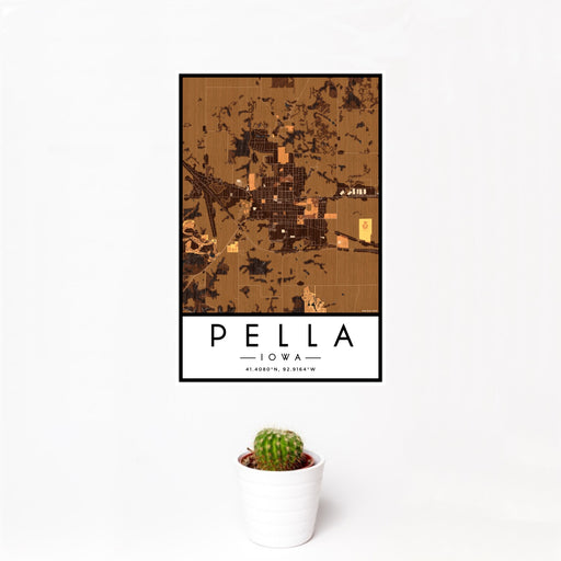 12x18 Pella Iowa Map Print Portrait Orientation in Ember Style With Small Cactus Plant in White Planter