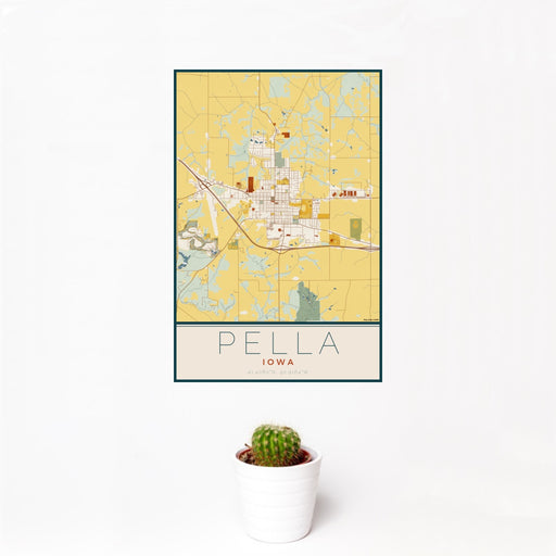 12x18 Pella Iowa Map Print Portrait Orientation in Woodblock Style With Small Cactus Plant in White Planter