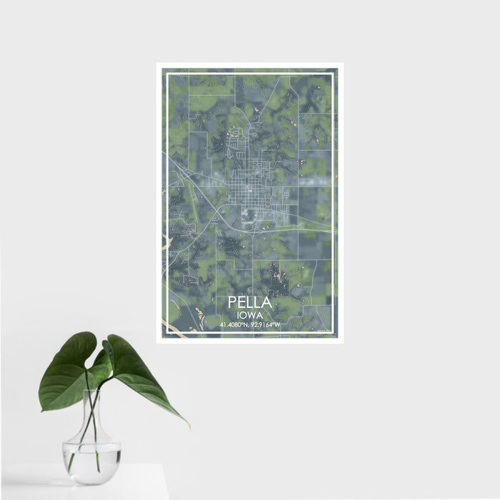 16x24 Pella Iowa Map Print Portrait Orientation in Afternoon Style With Tropical Plant Leaves in Water