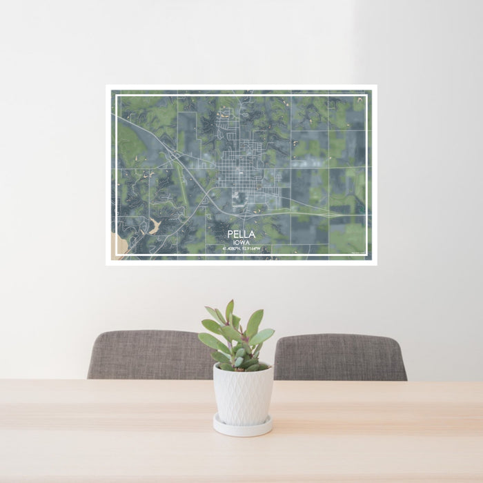 24x36 Pella Iowa Map Print Lanscape Orientation in Afternoon Style Behind 2 Chairs Table and Potted Plant