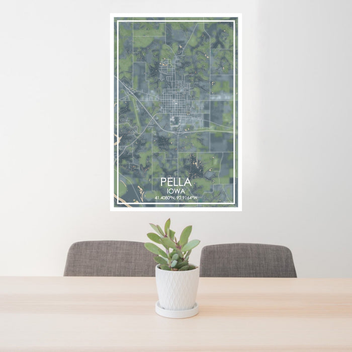 24x36 Pella Iowa Map Print Portrait Orientation in Afternoon Style Behind 2 Chairs Table and Potted Plant