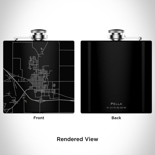Rendered View of Pella Iowa Map Engraving on 6oz Stainless Steel Flask in Black