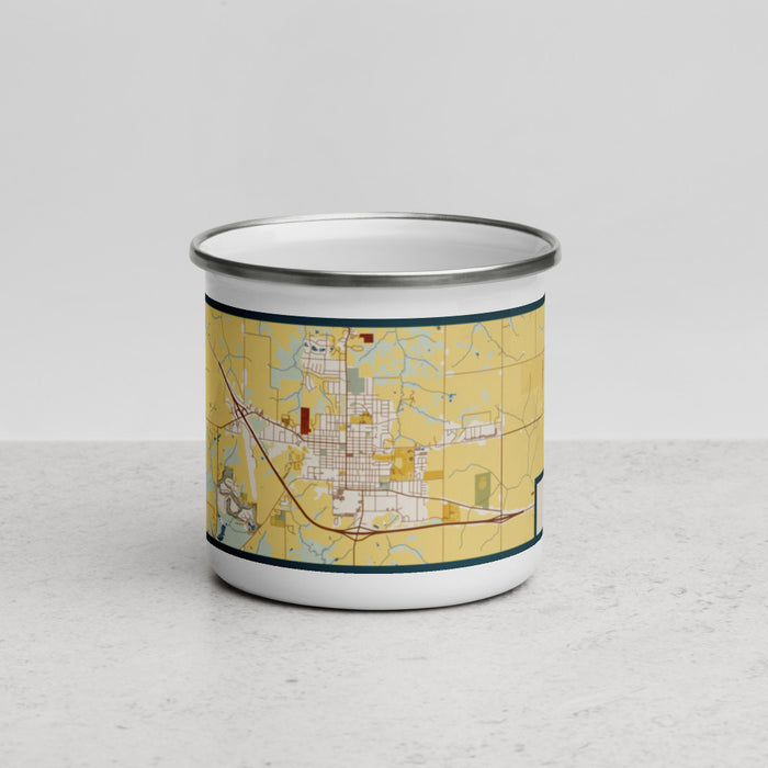 Front View Custom Pella Iowa Map Enamel Mug in Woodblock