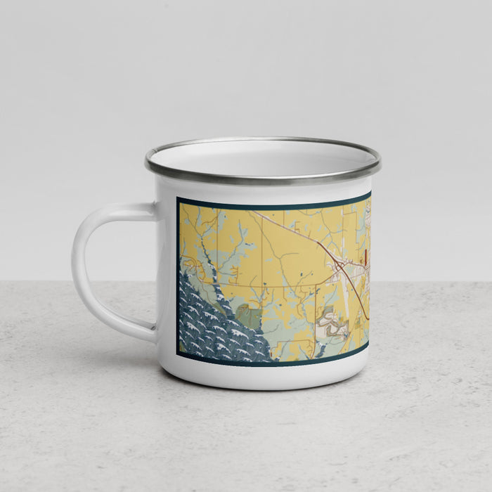 Left View Custom Pella Iowa Map Enamel Mug in Woodblock