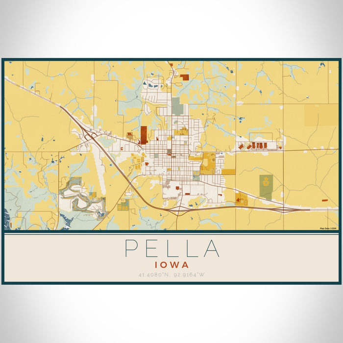 Pella Iowa Map Print Landscape Orientation in Woodblock Style With Shaded Background
