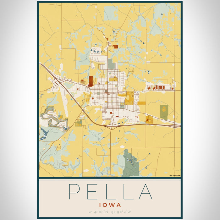 Pella Iowa Map Print Portrait Orientation in Woodblock Style With Shaded Background