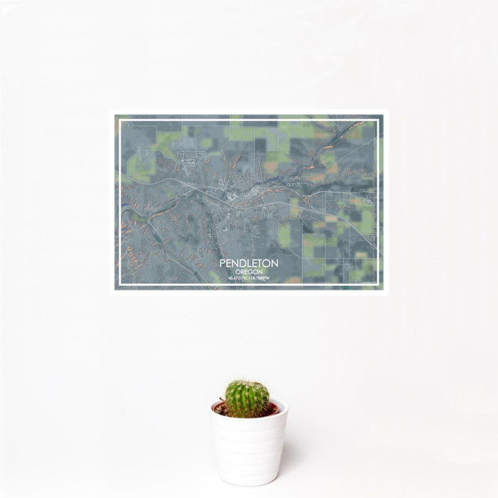 12x18 Pendleton Oregon Map Print Landscape Orientation in Afternoon Style With Small Cactus Plant in White Planter