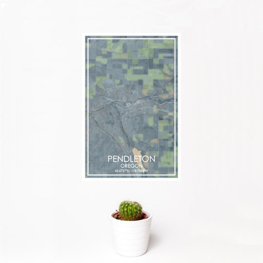 12x18 Pendleton Oregon Map Print Portrait Orientation in Afternoon Style With Small Cactus Plant in White Planter