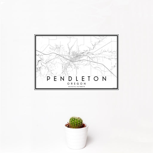 12x18 Pendleton Oregon Map Print Landscape Orientation in Classic Style With Small Cactus Plant in White Planter