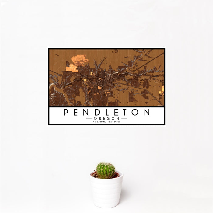 12x18 Pendleton Oregon Map Print Landscape Orientation in Ember Style With Small Cactus Plant in White Planter