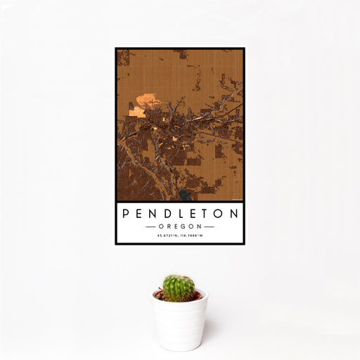 12x18 Pendleton Oregon Map Print Portrait Orientation in Ember Style With Small Cactus Plant in White Planter