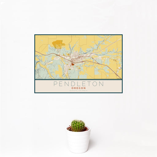 12x18 Pendleton Oregon Map Print Landscape Orientation in Woodblock Style With Small Cactus Plant in White Planter