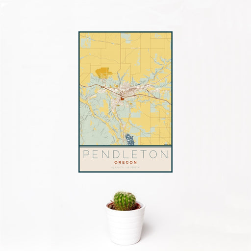 12x18 Pendleton Oregon Map Print Portrait Orientation in Woodblock Style With Small Cactus Plant in White Planter