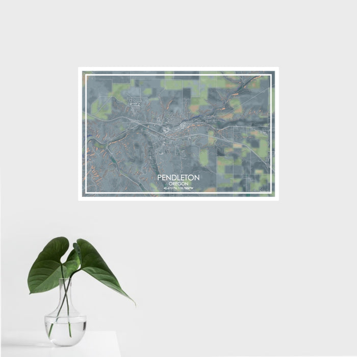 16x24 Pendleton Oregon Map Print Landscape Orientation in Afternoon Style With Tropical Plant Leaves in Water