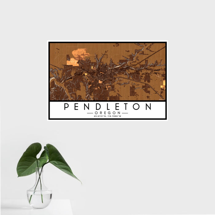 16x24 Pendleton Oregon Map Print Landscape Orientation in Ember Style With Tropical Plant Leaves in Water
