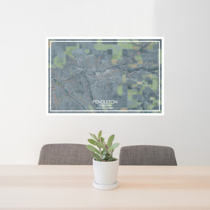 24x36 Pendleton Oregon Map Print Lanscape Orientation in Afternoon Style Behind 2 Chairs Table and Potted Plant