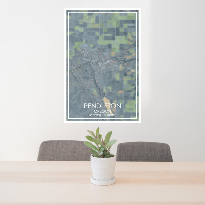 24x36 Pendleton Oregon Map Print Portrait Orientation in Afternoon Style Behind 2 Chairs Table and Potted Plant