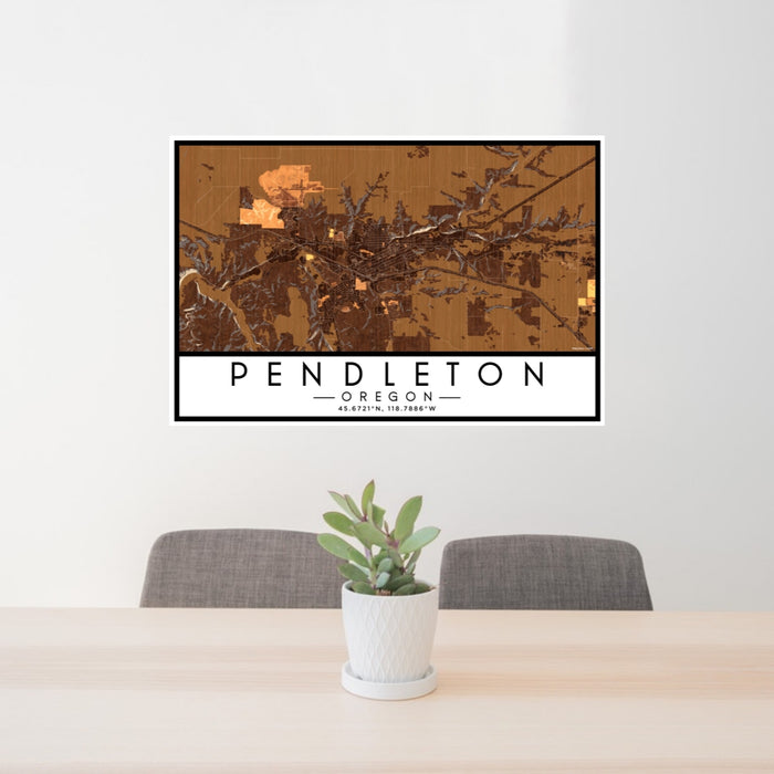 24x36 Pendleton Oregon Map Print Lanscape Orientation in Ember Style Behind 2 Chairs Table and Potted Plant