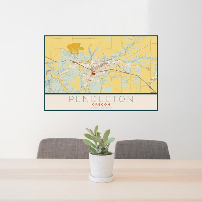 24x36 Pendleton Oregon Map Print Lanscape Orientation in Woodblock Style Behind 2 Chairs Table and Potted Plant
