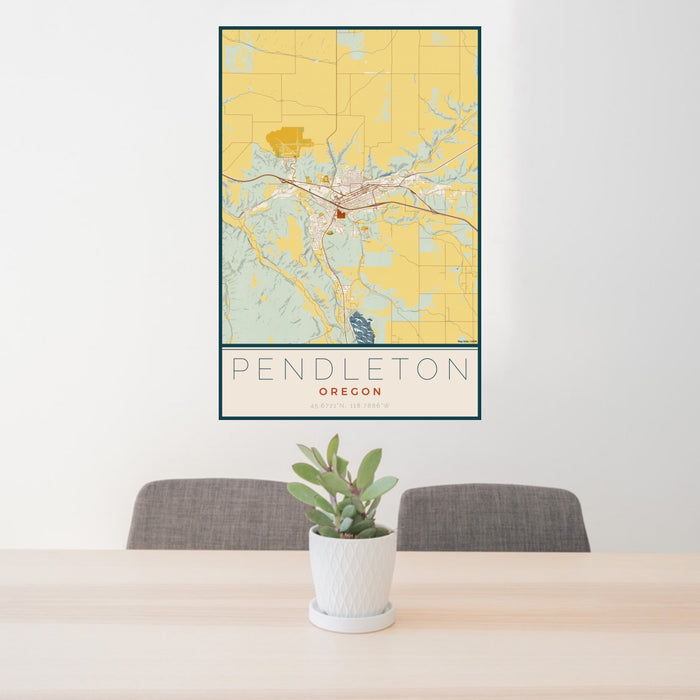 24x36 Pendleton Oregon Map Print Portrait Orientation in Woodblock Style Behind 2 Chairs Table and Potted Plant