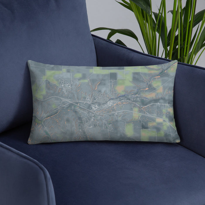 Custom Pendleton Oregon Map Throw Pillow in Afternoon on Blue Colored Chair