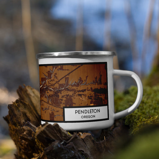 Right View Custom Pendleton Oregon Map Enamel Mug in Ember on Grass With Trees in Background