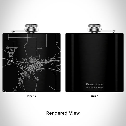 Rendered View of Pendleton Oregon Map Engraving on 6oz Stainless Steel Flask in Black