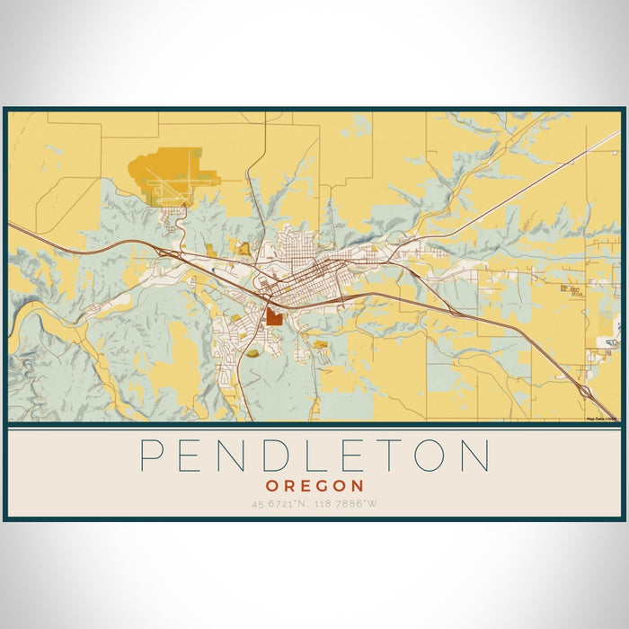 Pendleton Oregon Map Print Landscape Orientation in Woodblock Style With Shaded Background