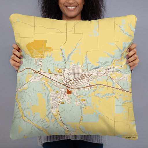 Person holding 22x22 Custom Pendleton Oregon Map Throw Pillow in Woodblock