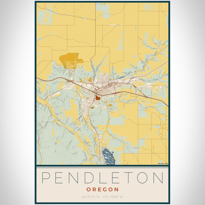 Pendleton Oregon Map Print Portrait Orientation in Woodblock Style With Shaded Background