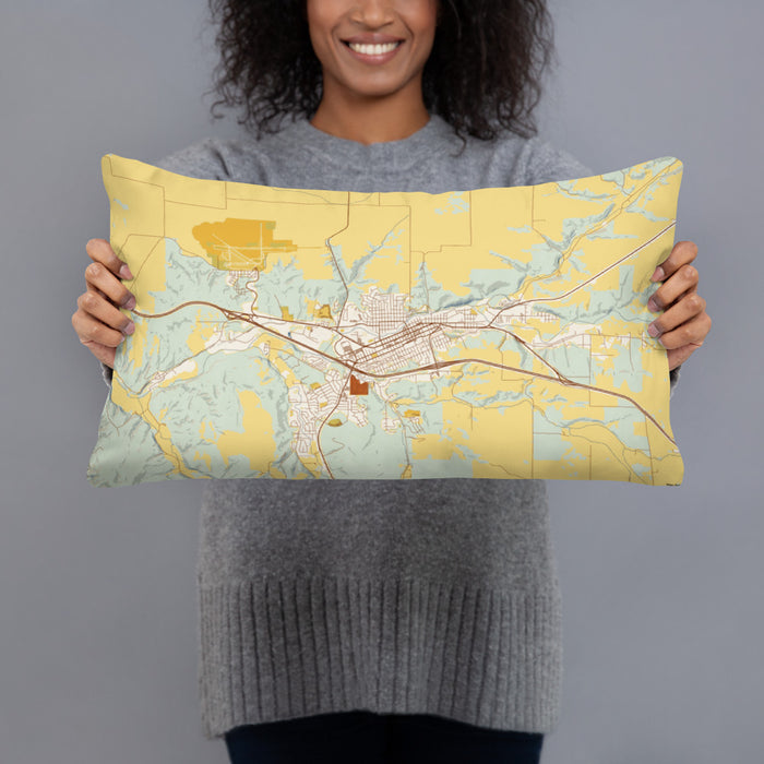 Person holding 20x12 Custom Pendleton Oregon Map Throw Pillow in Woodblock