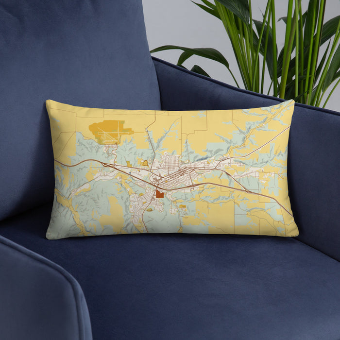 Custom Pendleton Oregon Map Throw Pillow in Woodblock on Blue Colored Chair